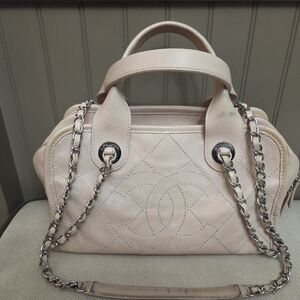 CHANEL Beige Satchel with Chain Detail